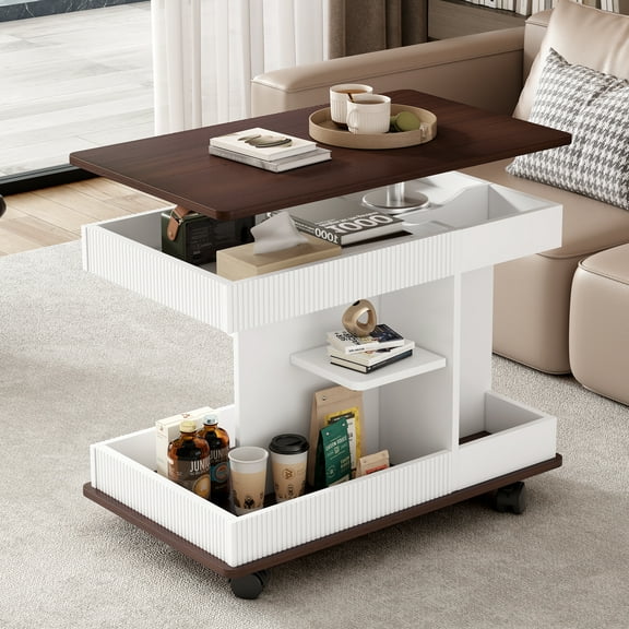 U-Can Adjustable End Table with Wheels, Modern Multifunctional Sofa Side Table with Lift-Top, 360Rotating Top and Storage Space for Living Room, Small Space