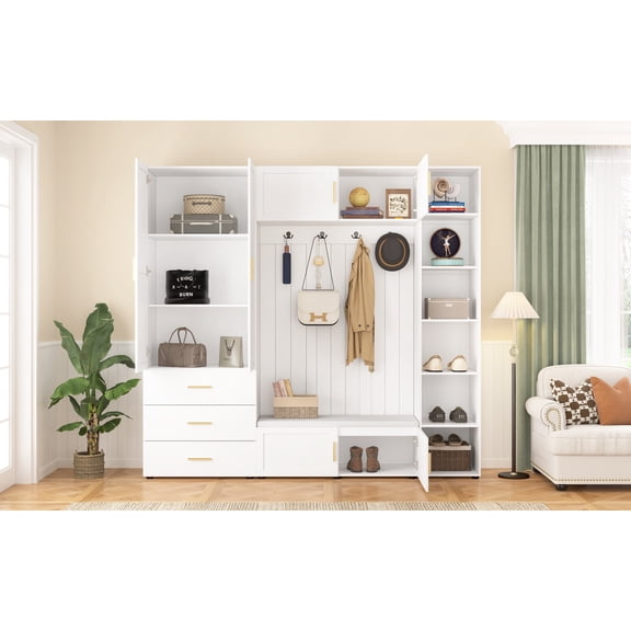 U-Can American Style 4-in-1 Hall Tree with Padded Bench, 4 Hooks, and Adjustable Storage Shelves