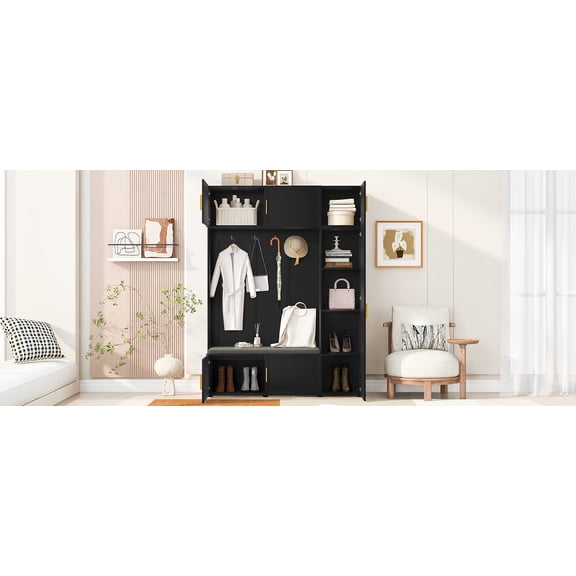 U-Can American Style 4-in-1 Hall Tree with Padded Bench, 4 Hooks, and Multi-Tier Storage Shelves