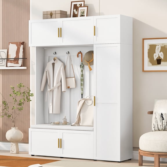 U-Can American Style 4-in-1 Hall Tree with Padded Bench, 4 Hooks, and Multi-Tier Storage Shelves
