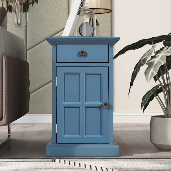 U-Can Classic Vintage Livingroom End Table Side Table with USB Ports and One Multifunctional Drawer with cup holders, Antique Navy (Old SKU: WF296294AAM)
