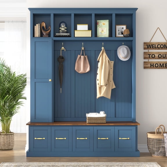 U-Can Entryway Hall Tree with Coat Hooks, Shoe Bench & Drawer Storage Cabinet