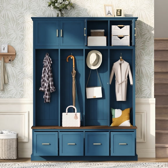 U-Can Farmhouse Entryway Hall Tree with Coat Hooks, Cabinets, and Drawers,Navy Blue