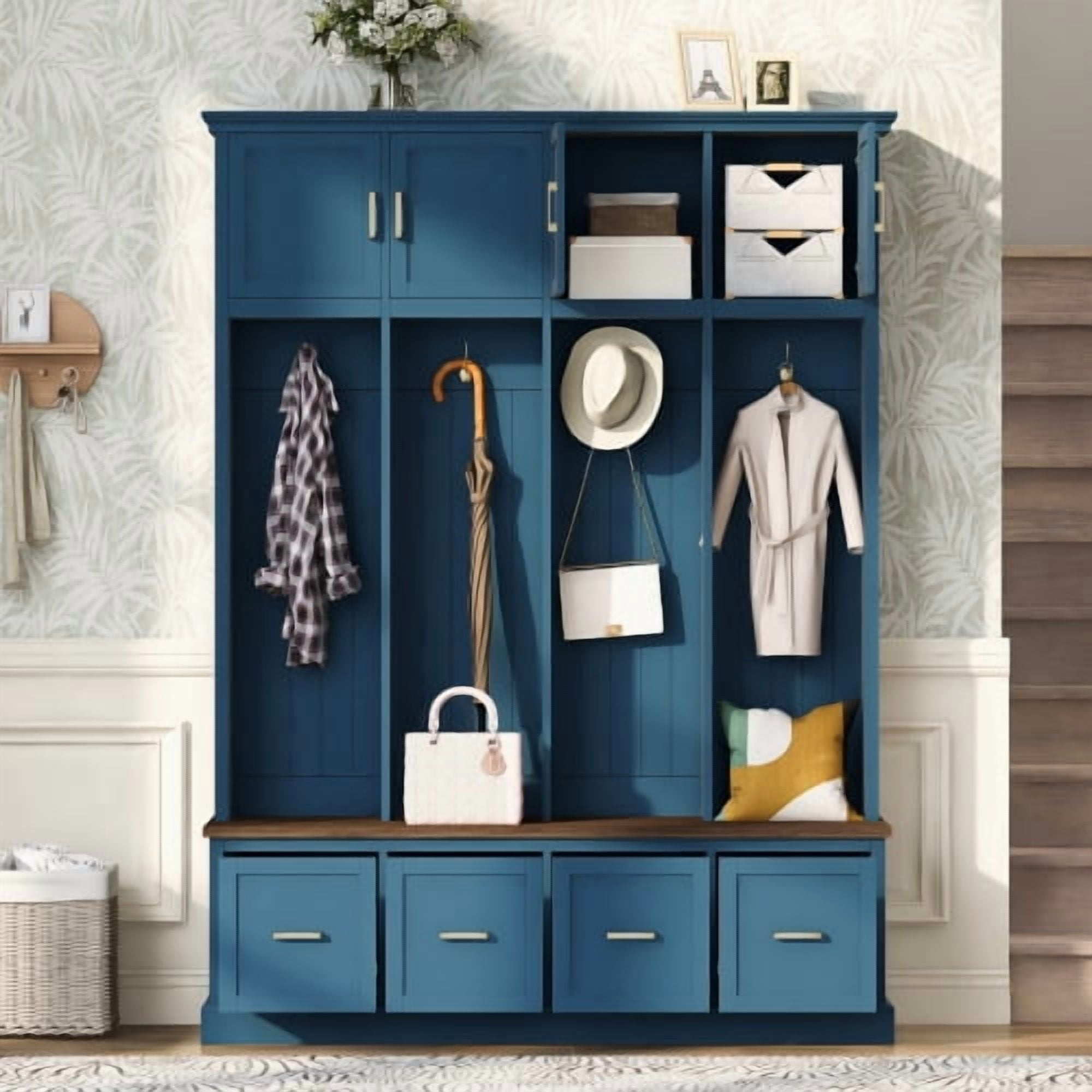 U-Can Farmhouse Entryway Hall Tree with Coat Hooks, Cabinets and Drawers, with Wood Accents and Gold Hardware, Navy Blue