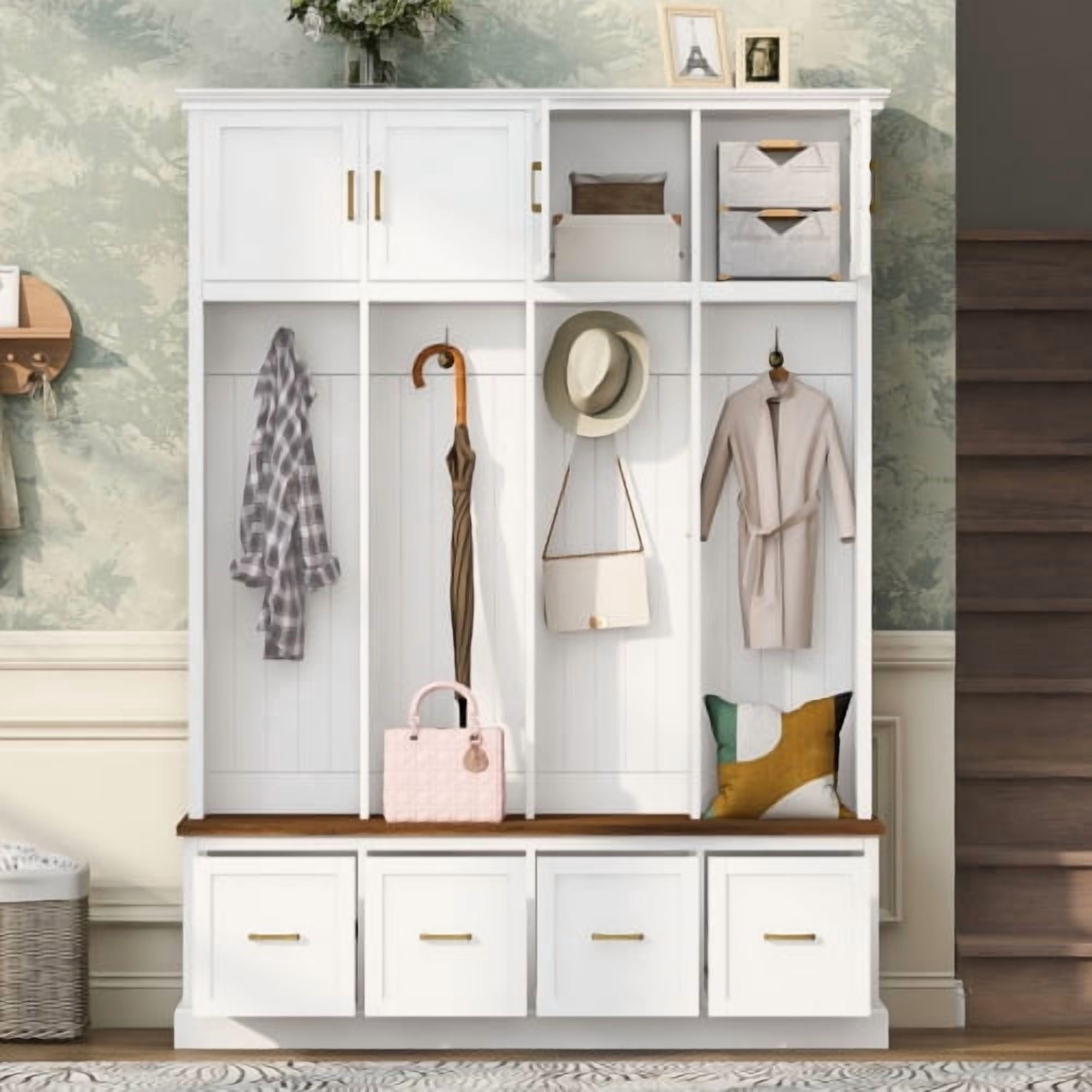 U-Can Farmhouse Entryway Hall Tree with Coat Hooks, Cabinets and Drawers, with Wood Accents and Gold Hardware, White