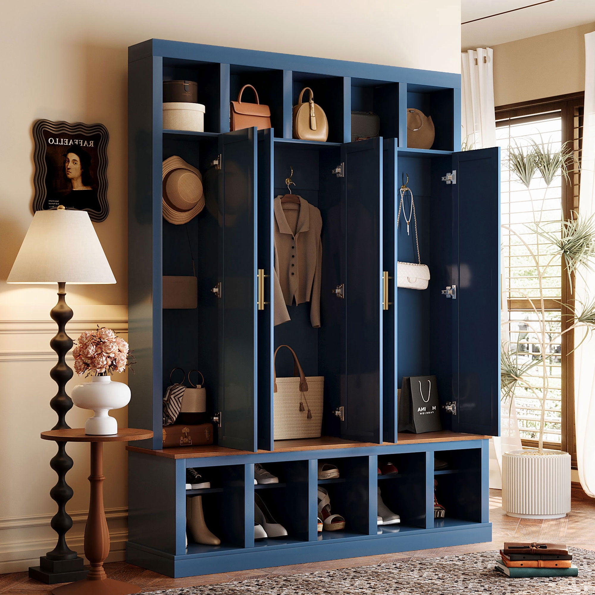 U-Can Farmhouse Entryway Storage Cabinet Hall Tree with Shoe Rack and ...