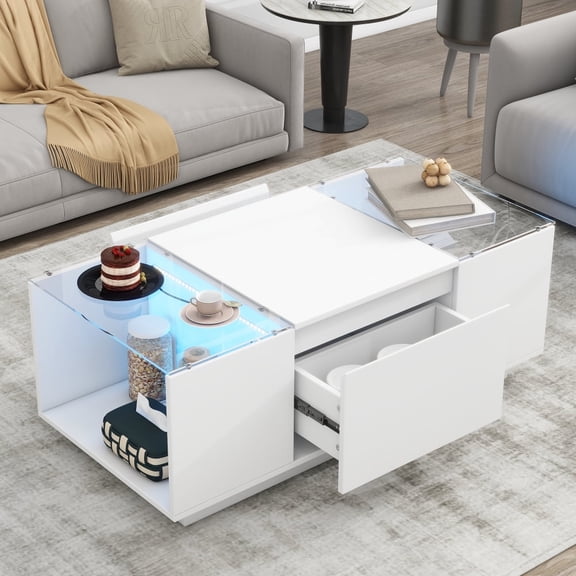 U-Can LED Coffee Table, Modern High Gloss Center Table with Glass Top and 2 Drawers, White