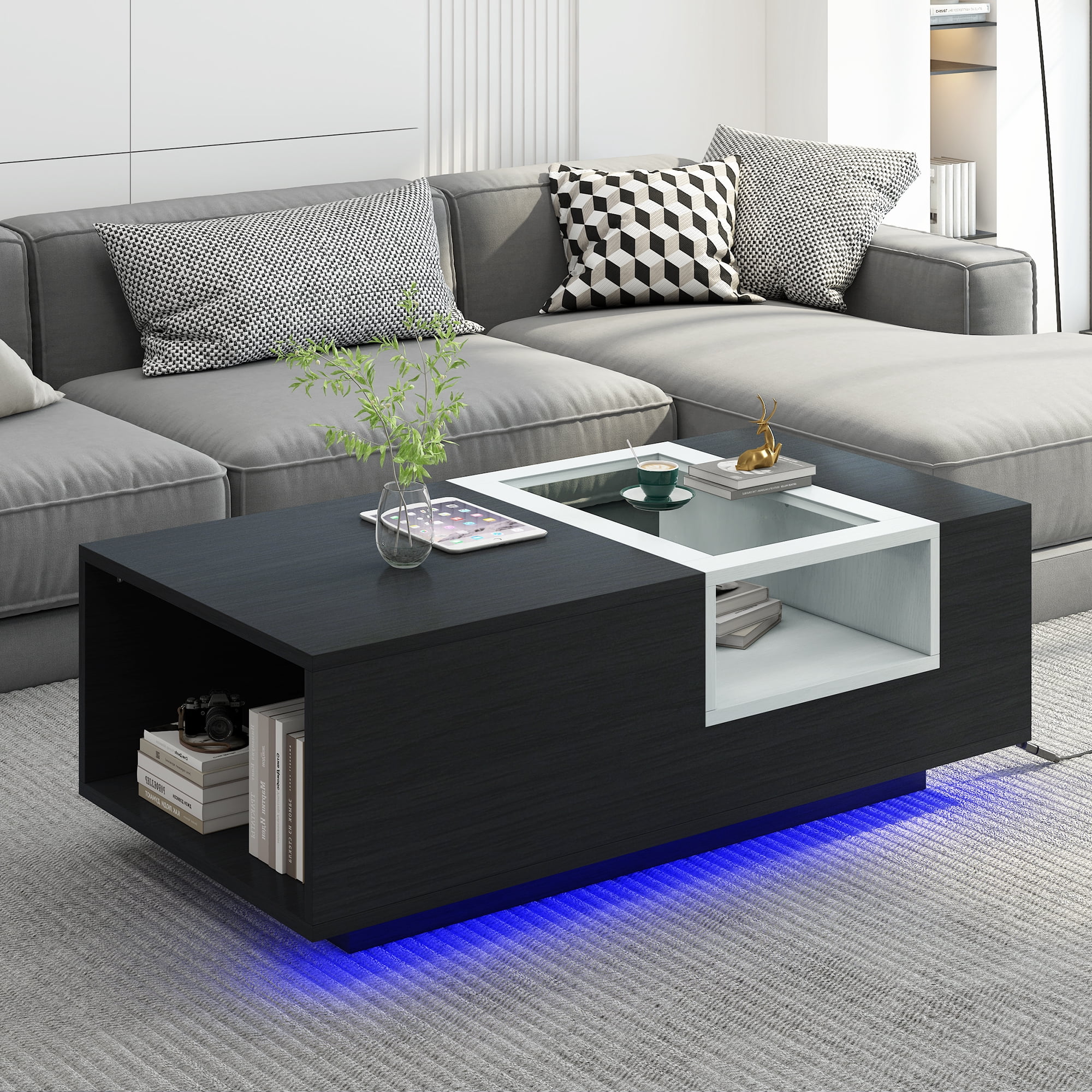 Table With Led U-Can LED Coffee Table with Storage, Modern Center Table with Open ...
