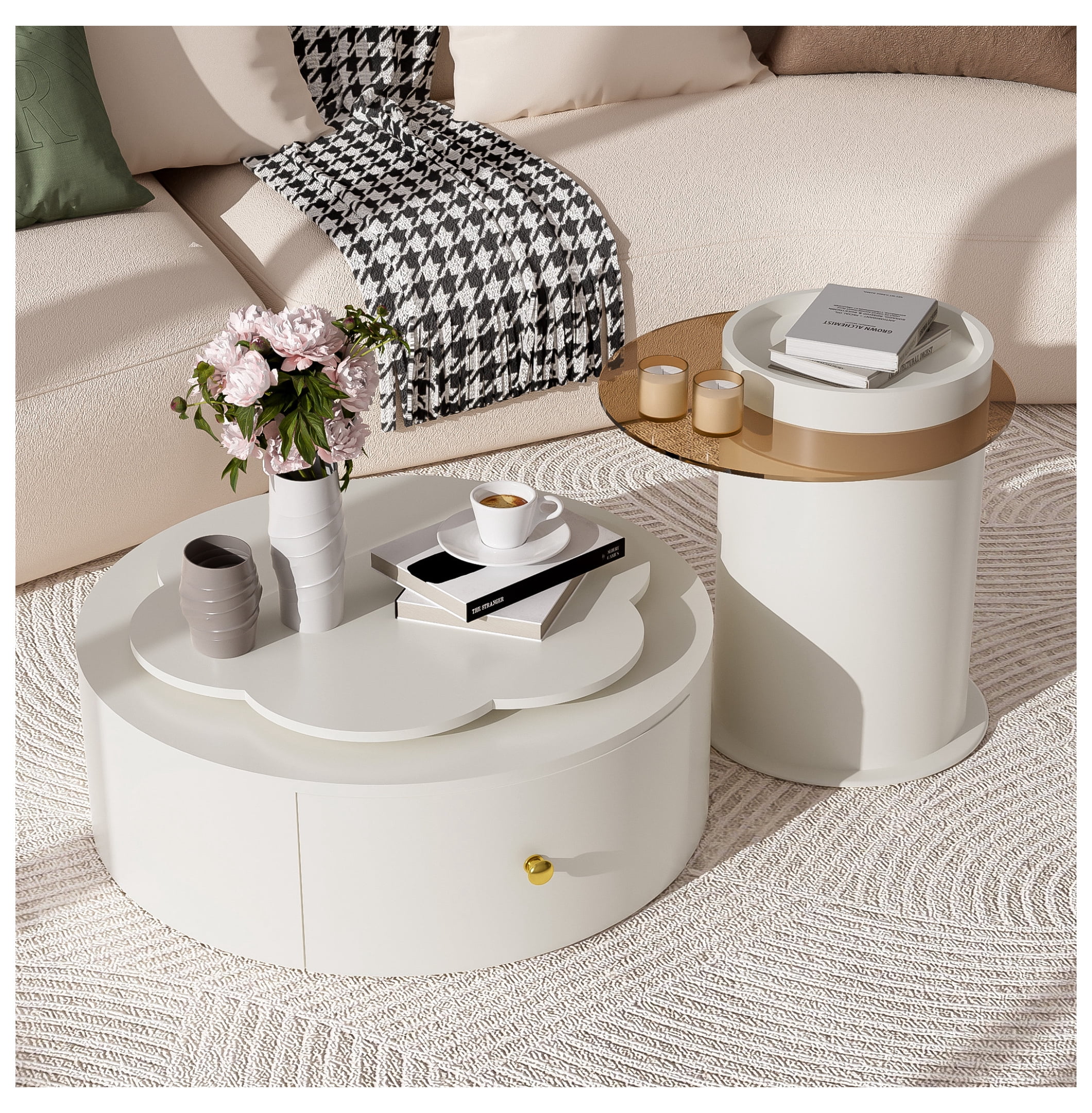 U-Can Modern Round Coffee Table Set of 2 , 360-Degree Rotatable Flower ...