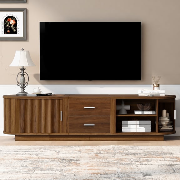 U-Can Modern TV Stand, Hidden Sliding Storage, Smooth-Gliding Drawers, Open Center Drawers, for Living Room/Home