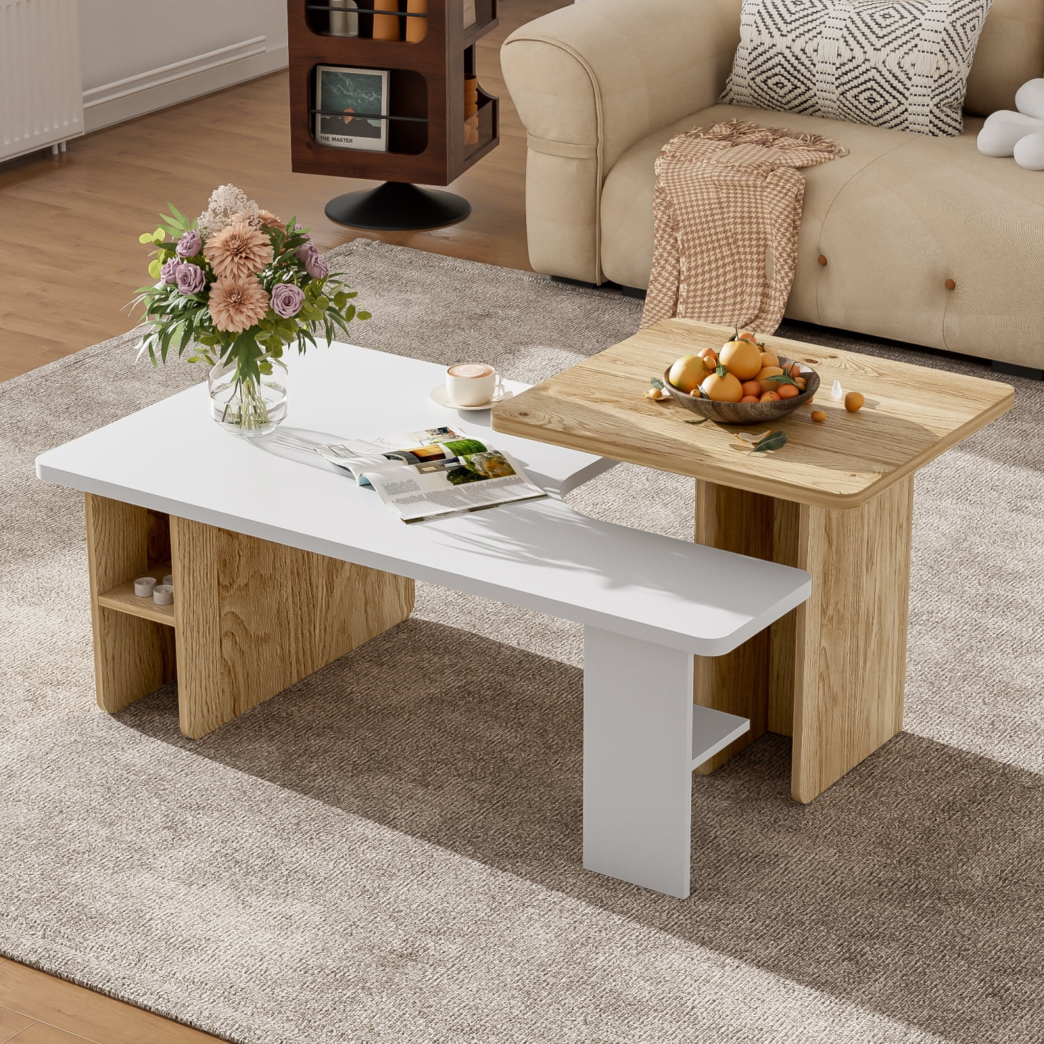 U-Can Set of 2 Nesting Coffee Tables Farmhouse Rectangle Coffee Table ...