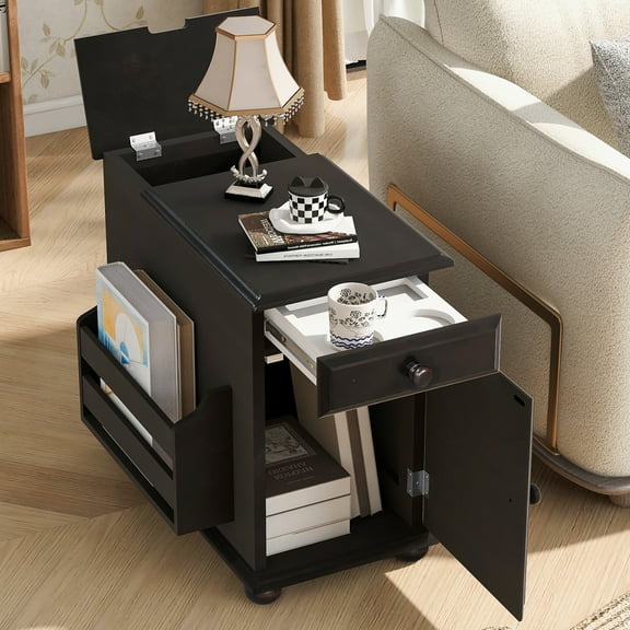 U-Can Vintage End Table Flip Top Side Table with USB Ports, One Multifunctional Drawer with cup holders, Sofa Couch Table with Bookshelf for Living room and Small Space
