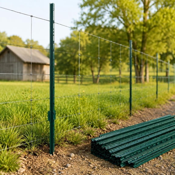 U-Channel Metal Fence Posts, 10 Pack 5 Feet, Heavy Duty Q235 Steel Stakes, Green, for Garden Yard Lawn Outdoor Wire Fencing