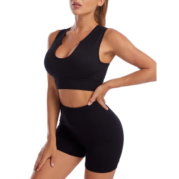 U Collar Sports Bra Legging Shorts Set for Women-2 Pcs Workout Outfits Tracksuits