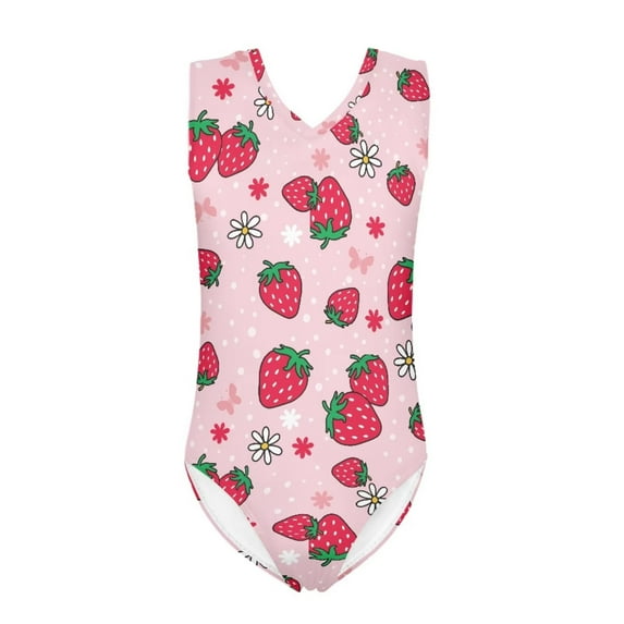 FOR U DESIGNS Adorable Kids Teen Girls Swimsuit One Piece Pink Strawberry Dasiy Sleeveless Bathing Suit Lightweight V-Neck Rash Guard Swimwear for Age 7-8