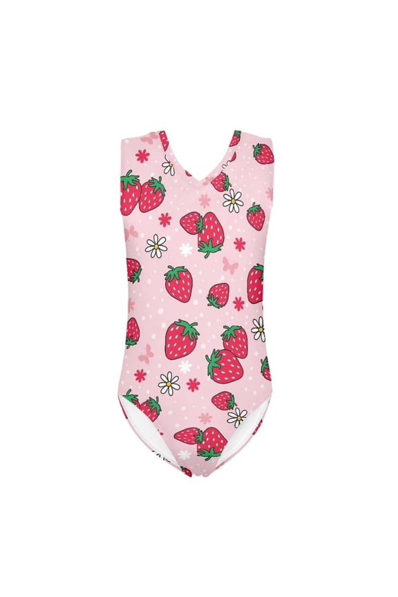 FOR U DESIGNS Adorable Kids Teen Girls Swimsuit One Piece Pink Strawberry Dasiy Sleeveless Bathing Suit Lightweight V-Neck Rash Guard Swimwear for Age 7-8