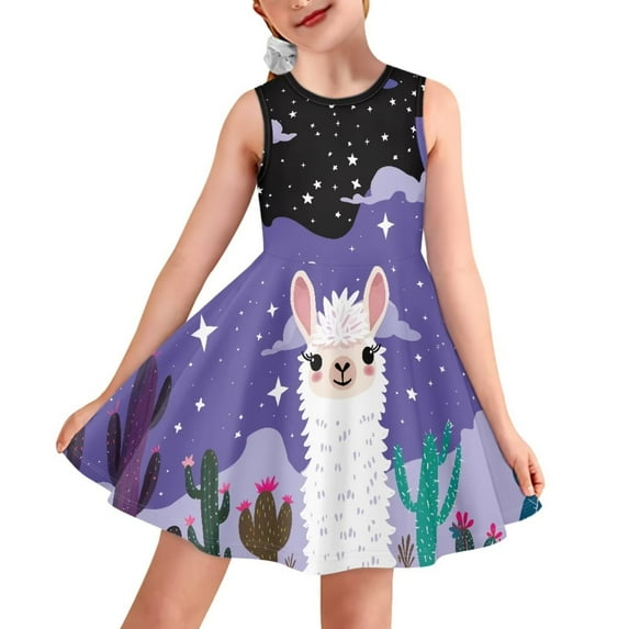 FOR U DESIGNS Alpaca Tank Sundress for Kids Girl 9-10 Years Old Fashion A Line Knee Length Dress Breathable High Waistline Swing Twirl Dresses Cute Tank Party Dress