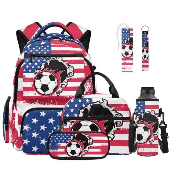 FOR U DESIGNS American Flag Football Print 6Pcs Kids Backpack Set with Lunch Box Pencil Case Water Bottle Holder Leather Bookmark Keychain, Durable Bookbag for Elementary Kindergarten Boys