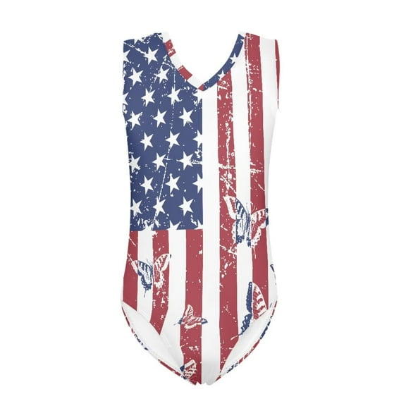 FOR U DESIGNS American Flag One Piece Swimsuit Girls 11-12 Years Old Beach Pool Outfits Lightweight Summer Bodysuit Breathable Sleeveless Bathing Suit