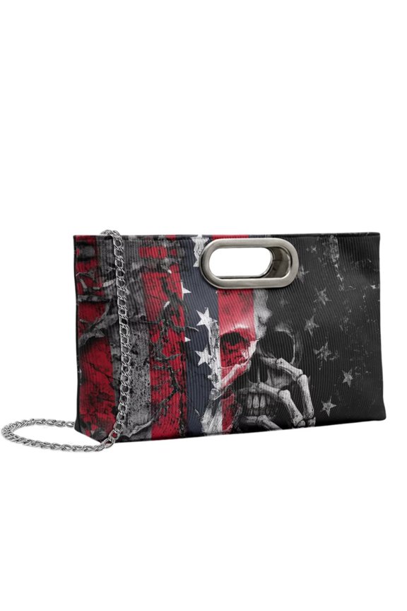 FOR U DESIGNS American Flag Skull Hand Print Top Handle Clutch Purse for Women, PU Leather Evening Handbag with Detachable Chain, Shoulder Crossbody Bag for Prom