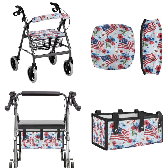 FOR U DESIGNS American Flag Tropical Hibiscus Print Rollator Walker Accessories Set, Replacement Rollator Walker Seat and Backrest Cover, Large Capacity Under-Seat Storage Bag, 250th Anniversary