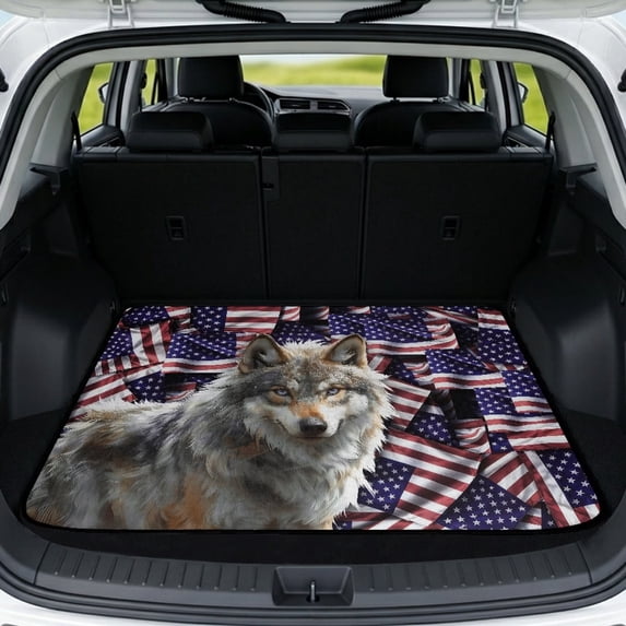 FOR U DESIGNS American Flag Wolf Print All Weather Car Trunk Mat Non-Slip Stylish Cargo Liner Heavy Duty Durable Rear Trunk Protection for Most Vehicles