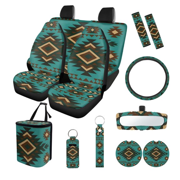FOR U DESIGNS American Tribal Aztec Print Car Seat Covers Set of 13 Steering Wheel Cover, Rearview Mirror Cover, Car Garbage Can, Seatbelt Pads, Coasters, Keychains