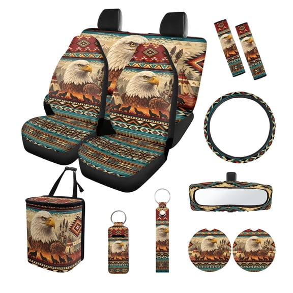 FOR U DESIGNS American Tribal Eagle Wolf Aztec Print 13 PCS Car Accessories Set Universal Car Seat Covers, Steering Wheel Cover, Rearview Mirror Cover, Trash Can, Cup Holder, Seatbelt Pads, Keychains