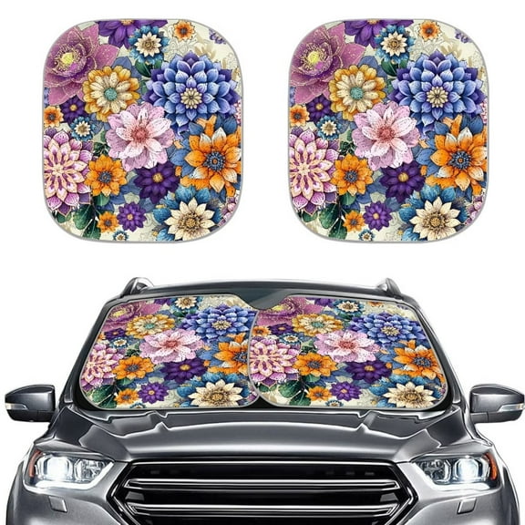 FOR U DESIGNS Anti-Dirty Car Windshield Sunshade Pack of 2 Boho Flower Blossom Front Window Sun Visor Foldable Automotive Sun Shield Accessories for Van Sedans SUV Truck