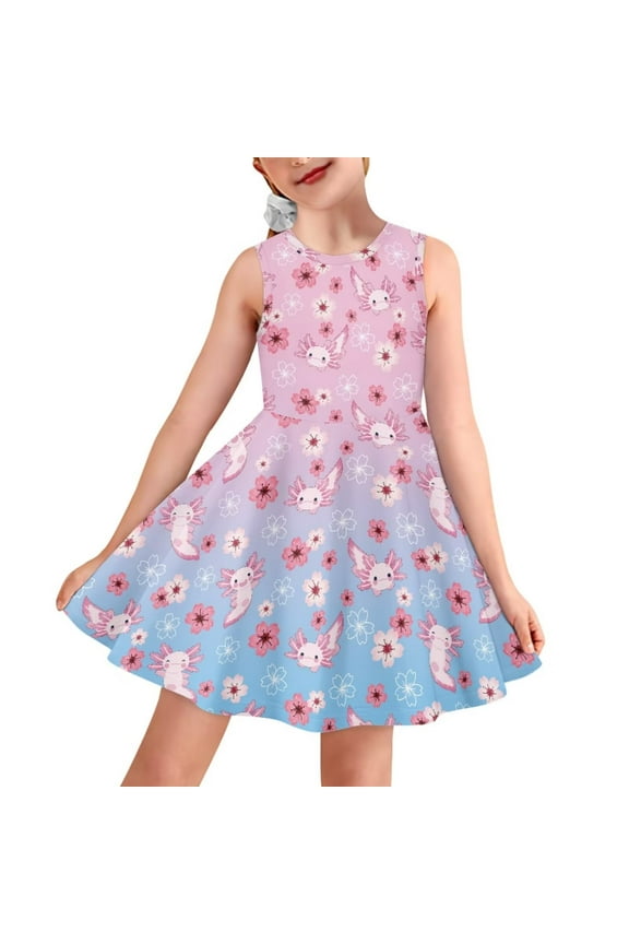 FOR U DESIGNS Axolotl Cherry Blossom Summer Dresses for Teens Outdoor Activities Sundress Party Clothes 7-8 Years Old Kids Girls Casual Sleeveless Skater Dresses