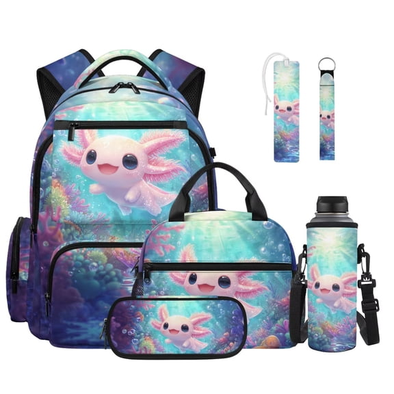 FOR U DESIGNS Axolotl Swimming Coral Print Backpack Set for Elementary Kids 6Pcs, Multi-Pockets Bookbag with Lunch Box Pencil Case Water Bottle Carrier Leather Bookmark Keychain