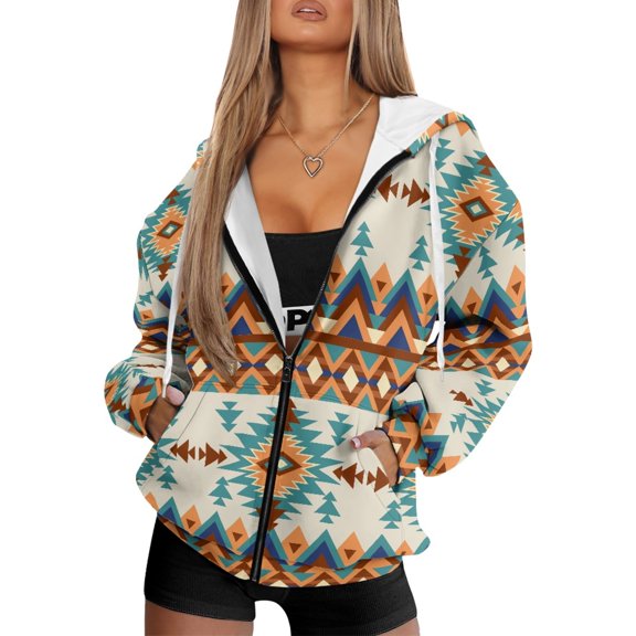 FOR U DESIGNS Aztec Sounthwest Hooded Sweatshirt Women with Front Zipper Lightweight Oversized Hoodie Size M Long Sleeve Cardigans Hooded for Women with Pockets