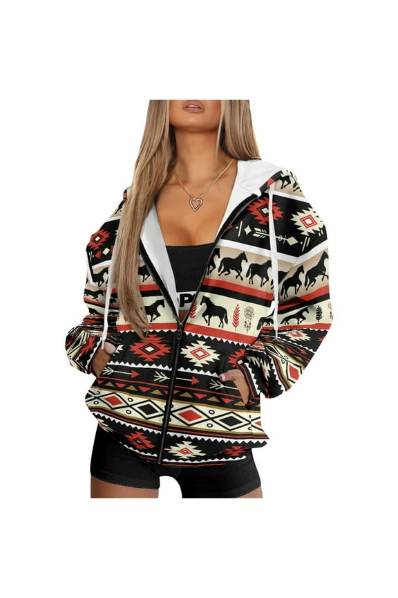 FOR U DESIGNS Aztec Southwest Zip Up Hooded Jacket Women Oversized Cardigan Hoodies Size M Hooded Sweatshirt Women with Front Zipper Lightweight Long Sleeve Activewear
