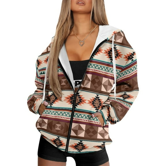 FOR U DESIGNS Aztec Tribal Zip Up Hoodies for Women Trendy Oversized Hooded Size L Ladies Comfortable Zipper Hoodie Long Fall Jackets for Women Sportswear with Drawstring