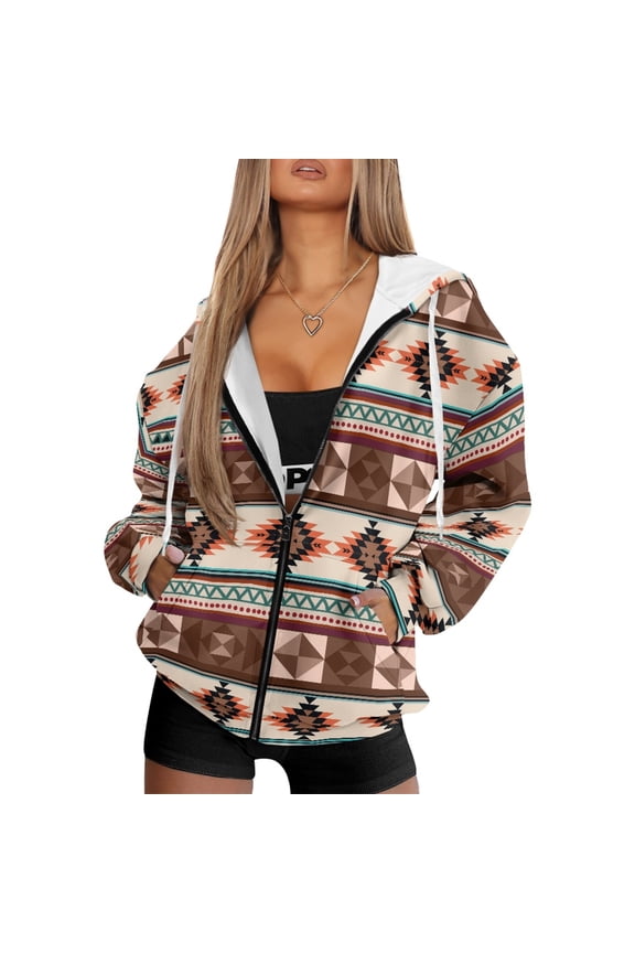 FOR U DESIGNS Aztec Tribal Zip Up Hoodies for Women Trendy Oversized Hooded Size XS Ladies Comfortable Zipper Hoodie Long Fall Jackets for Women Sportswear with Drawstring