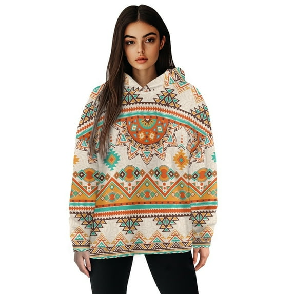 FOR U DESIGNS Aztec Tribala Hoodies Oversized Pullover Sweatshirt for Women Size 2XL Ladies Tunics Casual Shirts Long Sleeve Hoodie Pullover Down-Shoulder Collar Tops