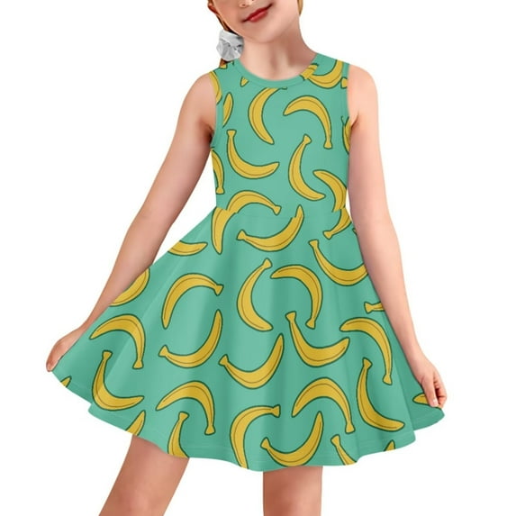 FOR U DESIGNS Banana Print Crewneck Tank Dresses for Teens Girl Knee Length Party Play Dresses Summer Sundress 3-4T Kid Casual A-Line Skater Swing Dress for School