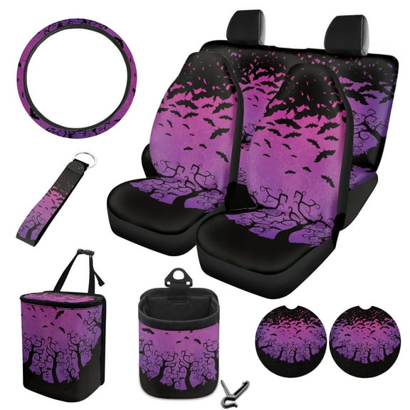 FOR U DESIGNS Bat Branch Purple Pattern 10 Pcs Car Seat Cover Comfortable Steering Wheel Cover Front Rear Seat Covers Vehicle Garbage Can Air Vent Pouch Coaster Keychain Universal Fit for SUV Truck