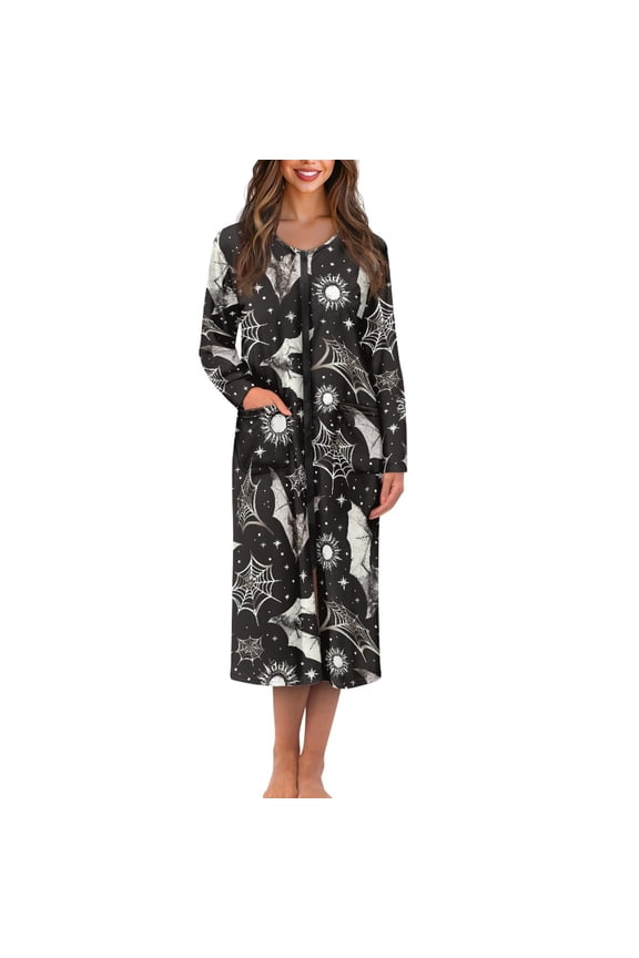 FOR U DESIGNS Bat Spider Web Sun Print Women Nightgown Soft Women Embroidered Housecoat Lightweight Elastic Fabric Robes for Woman House Coat with Pockets, 3XL