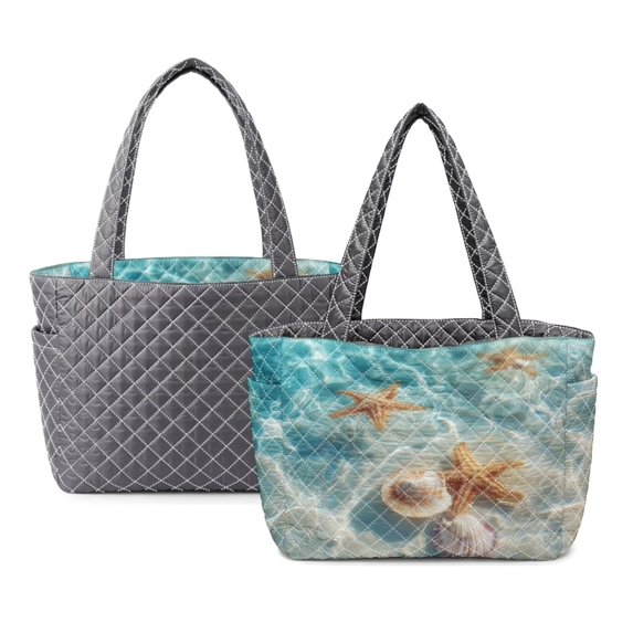 FOR U DESIGNS Beach Starfish Shell Print Quilted Tote Bag for Women, Reversible Handbag with Pockets, Double Sided Usable Hobo Purse Lightweight Tote Handbag for Work School