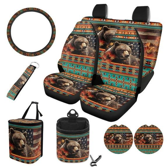 FOR U DESIGNS Bear Pattern Car Accessories Set 10 Pack Car Seat Covers Car Trash Can Steering Wheel Cover Auto Air Vent Storage Bag Coasters Keychain Universal Fit for SUV Van Truck