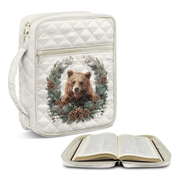 FOR U DESIGNS Bear Pinecone Leaf Pattern Bible Cover for Women Men Large Capacity Bible Holder Case Reusable Tote Bag Carrying Organizer Bag for Pilgrimages/Daily Use