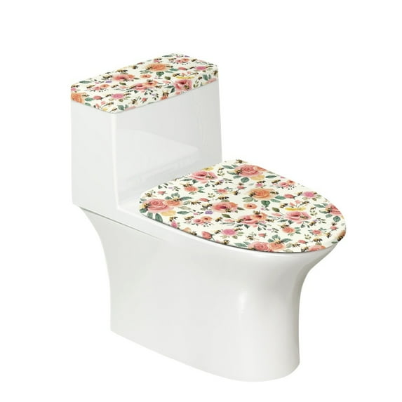 FOR U DESIGNS Bee Rose Print Toilet Lid Cover Toilet Tank Cover Set of 2, Machine Washable Seat Covers, Adjustable Toilet Tank Lid Protector with Elastic Edge, Easy to Clean