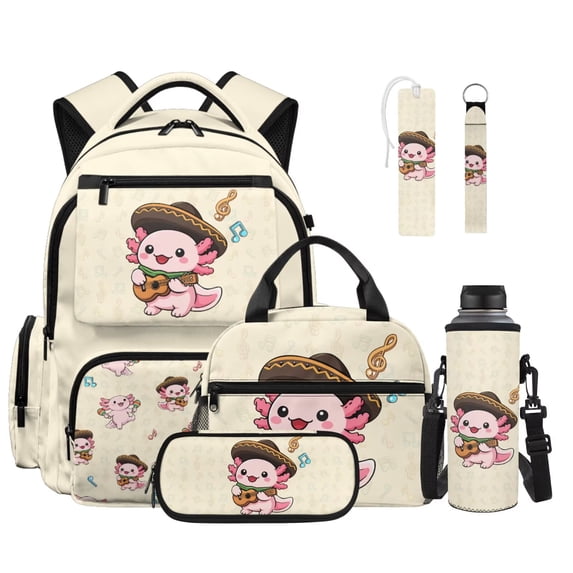 FOR U DESIGNS Beige Axolotl Play the Guitar Print Backpack 6Pcs Set for Boys, Large Capacity Bookbag with Lunch Box Pencil Case Water Bottle Carrier Leather Bookmark Keychain, Back to School Gifts