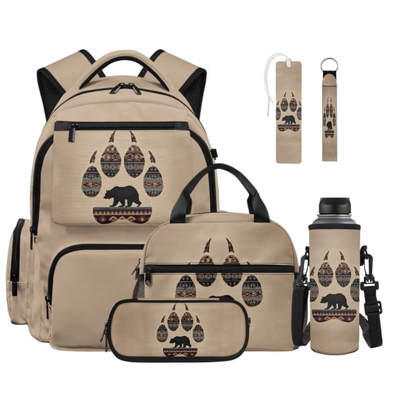 FOR U DESIGNS Beige Bear American Tribal Aztec Print Backpack 6 Pack Backpack Set Backpack with Lunch Box Pencil Case Water Bottle Sleeve Bookmark Keychain School Bookbag for Kids Elementary