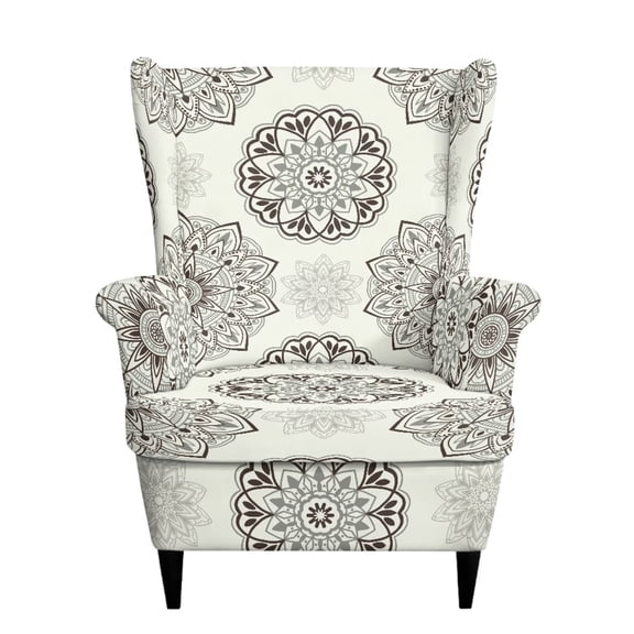 FOR U DESIGNS Beige Boho Mandala Print Durable 2-Piece Wingback Chair Covers Washable Stretchable Armchair Slipcover with Cushion Cover Soft Furniture Protector for Living Room Bedroom