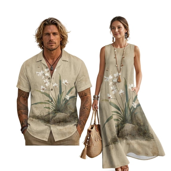 FOR U DESIGNS Beige Flower Ink Print Matching Outfits for Couples Linen-Like Sleeveless Women's Casual Dresses & Men's Button Down Shirt 2026 Chinese Style Summer Outfits