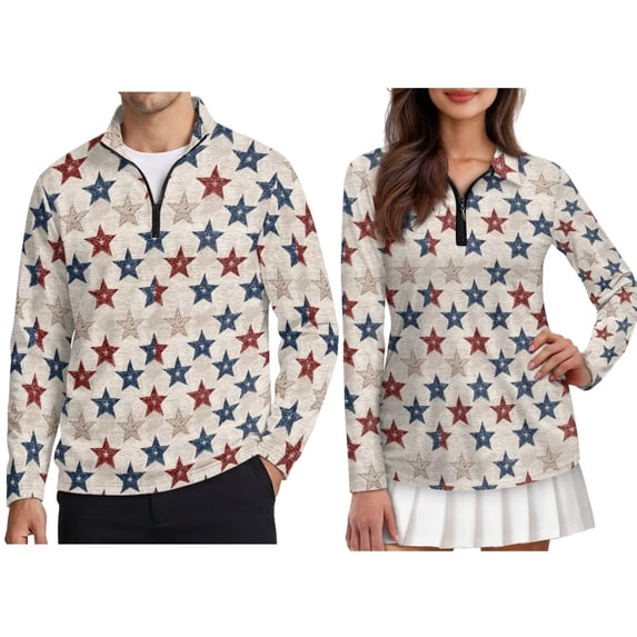 FOR U DESIGNS Beige Patriotic Star Print Couples Golf Shirts 1/4 Zip Casual Matching Quick Dry Long Sleeve Polo Shirts Moisture Wicking Tops for Men Women