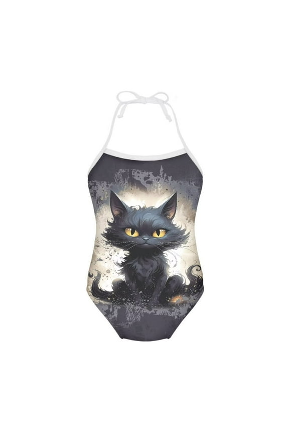 FOR U DESIGNS Black Cat Halter Neck Bathing Suit One Piece Swimsuit for Girls Size 1-2 Years Old Novelty Off Shoulder Bodysuit Toddler Kids Sleeveless Swimwear
