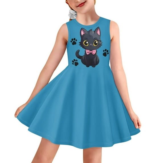 FOR U DESIGNS Black Cat Paw Tank Dress Toddler Girls Princess Dresses Trendy Crewneck Knee Length Skater Dress Size 11-12T Cozy Sleeveless Flared Party Dress, Blue